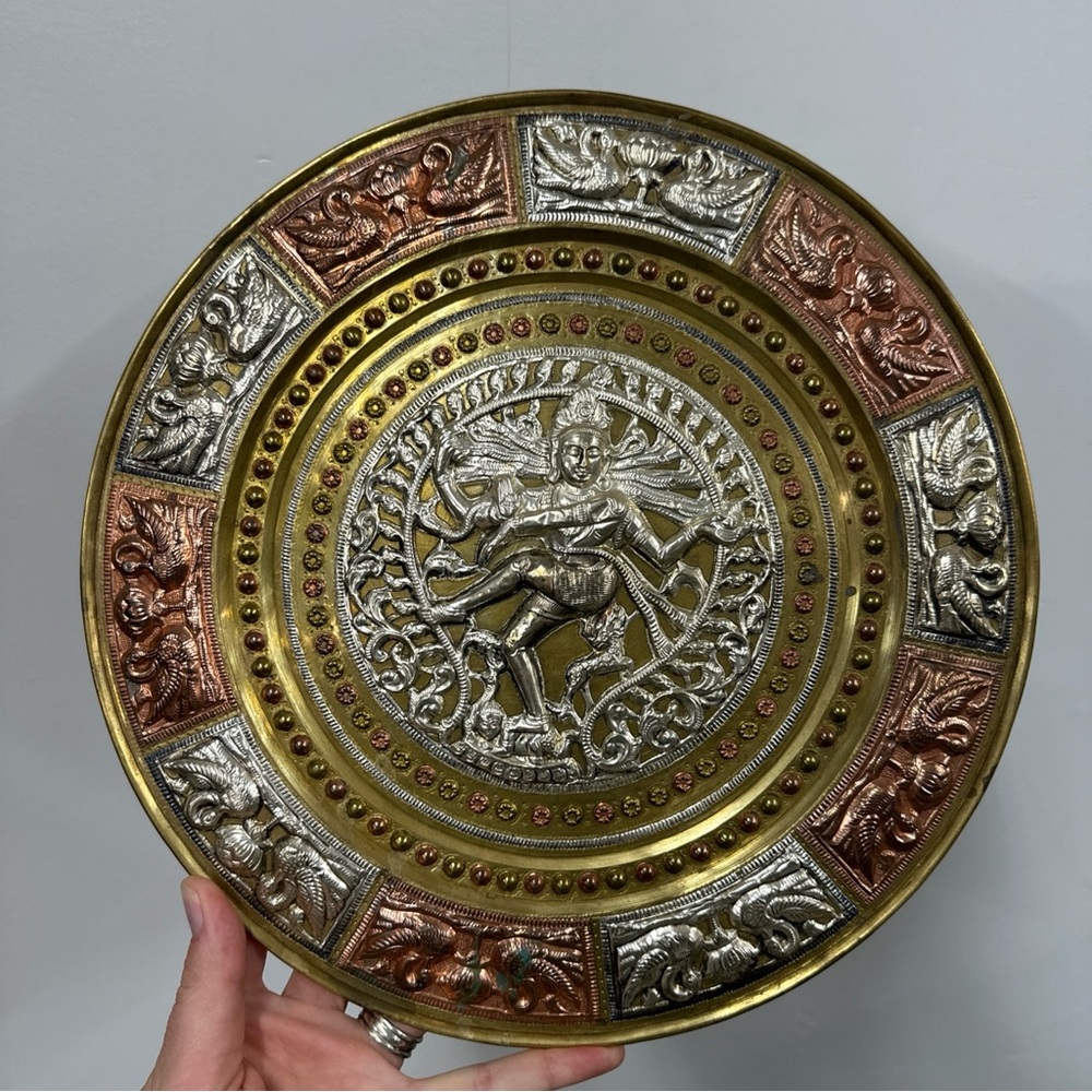 Antique Ornate India Diety Shiva 3D Charger Tri Metal Silver Copper Brass plate